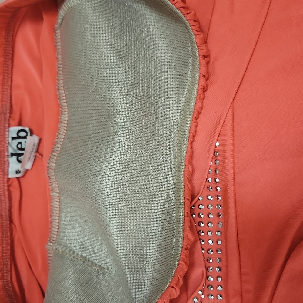 Y2K Vintage Deb Strapless Ruched NEON Orange Mini Dress Rhinestones S Party - Picture 10 of 16